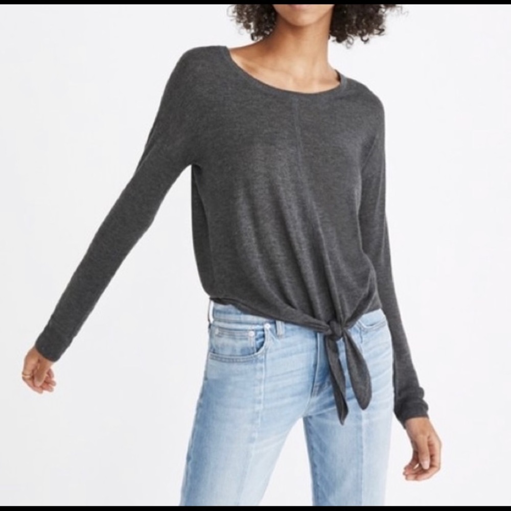 MADEWELL Modern Tie Front Sweater Gray Scoop Neck Long Sleeve Medium